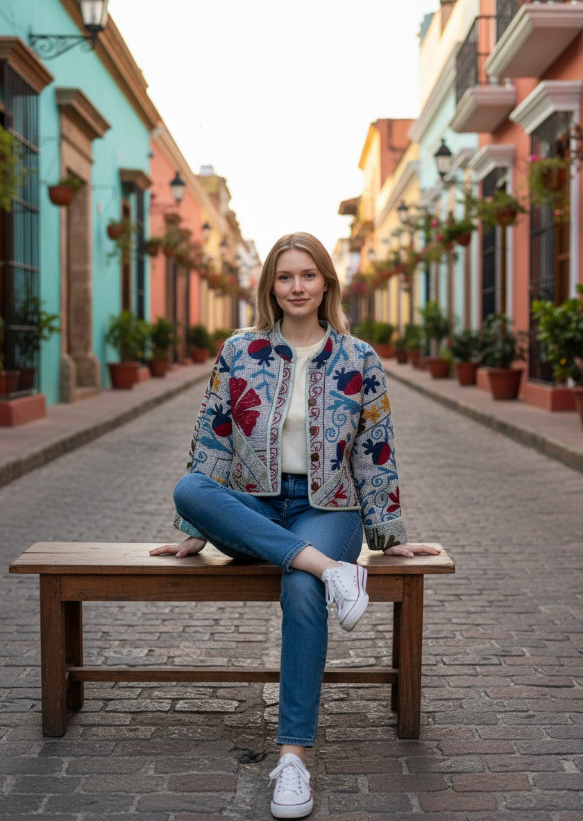 Chaqueta Gris con Llama de Fuego Back Side
