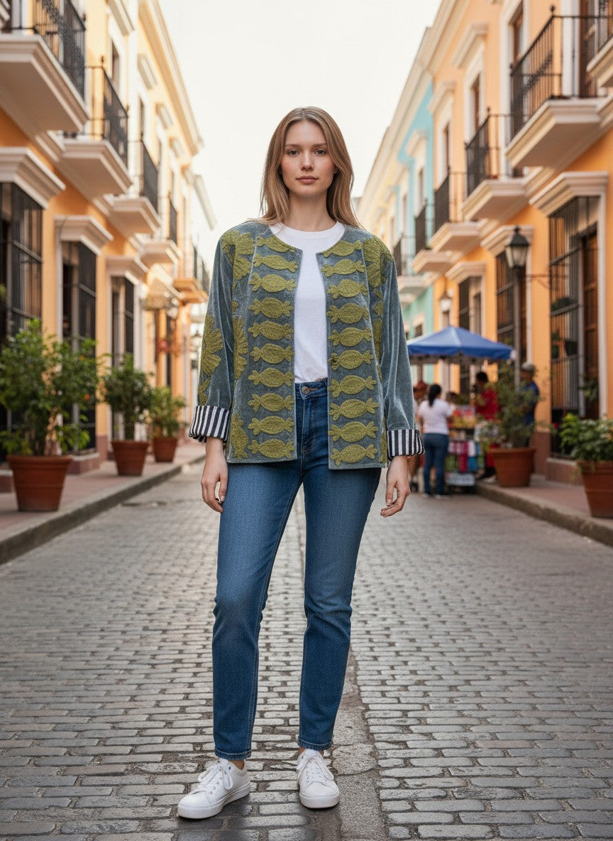 Chaqueta Gris Figuras Verde Limon