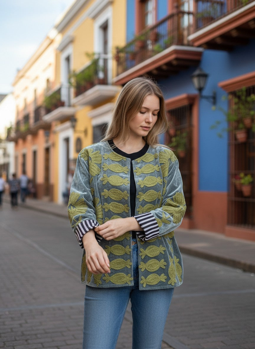 Chaqueta Gris Figuras Verde Limon